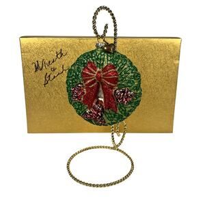 Valerie Parr Hill Hanging Wreath Christmas Glass Ornament w/Gold Metal Stand